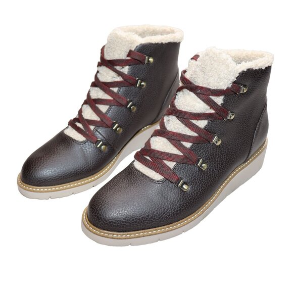 Dr. Scholls Boots Size 9.5 Brown Leather Lace-up Sherpa Lined So Cozy Wedge NEW - Picture 1 of 14